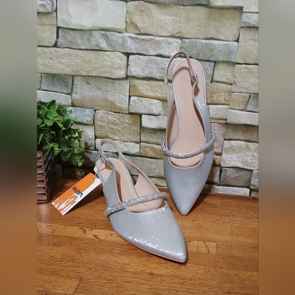 New KKDOM Chunky Closed Pointed Toe Block‎ Heels Strappy Silver Metallic Formal - Picture 2 of 7